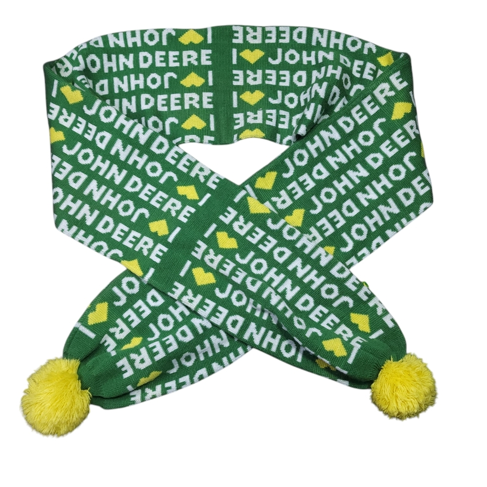 I Love John Deere Spell Out Knit Scarf w/ Pom Poms Tractors